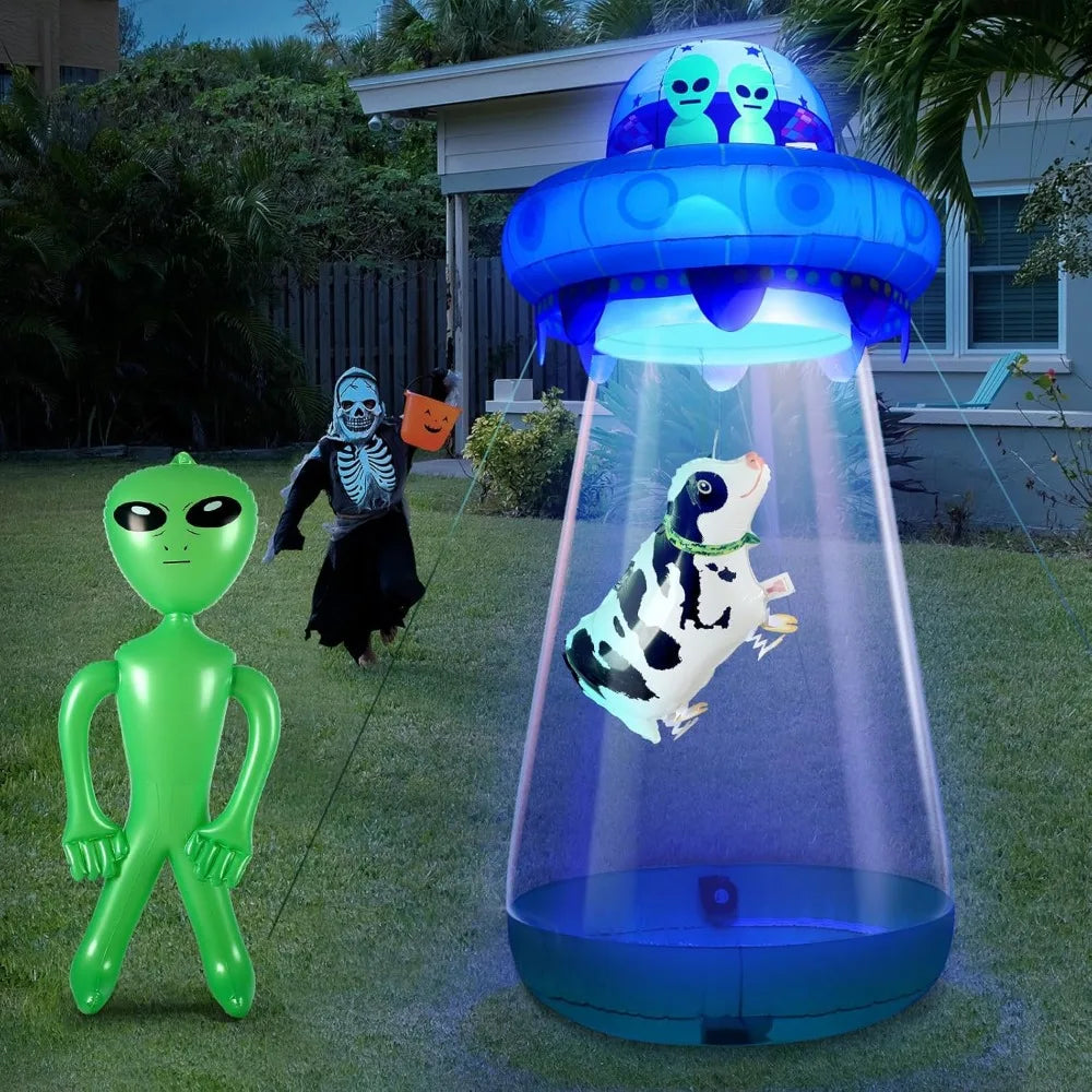 9 FT Halloween UFO Cow Alien Inflatable Yard Decor with LED Blow Up Inflatable Alien and Cow for Halloween Outdoor Yard Garden