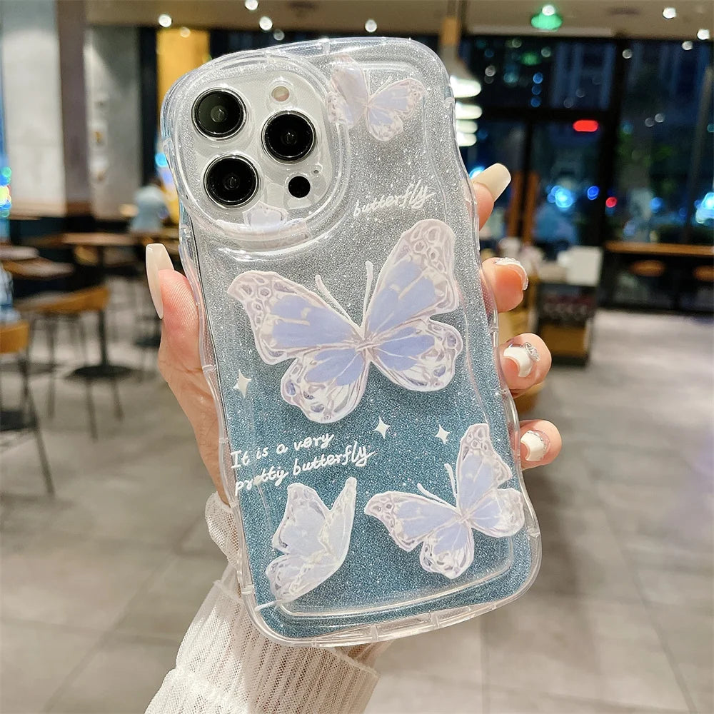 Glitter Butterfly Gradient Lanyard Case For iPhone 14 13 15 16 Pro Max 12 11 X Xr Xs 8 7 Plus Hand Wrist Chain Soft Wave Cover