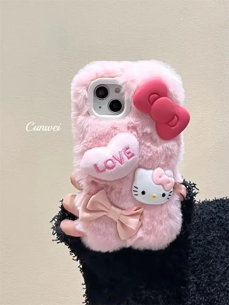 Sanrio Cute Love 3D Bow Hello Kitty Plush Phone Case For iPhone 15 14 13 12 11 Pro Max Mini XR XS MAX 8 X XS 7 SE Plus Cover