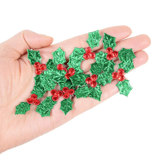 100pcs Glitter Fabric Red Berry Green Holly Leaves Appliques Christmas Decorations for Home Table Decoration Scrapbook DIY Craft