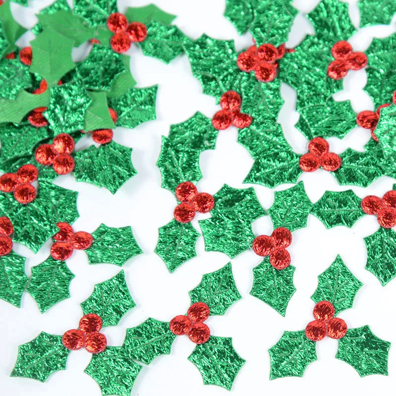 100pcs Glitter Fabric Red Berry Green Holly Leaves Appliques Christmas Decorations for Home Table Decoration Scrapbook DIY Craft