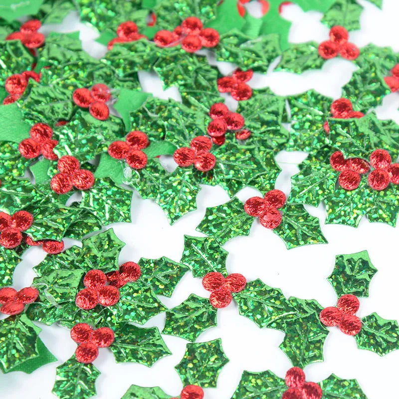 100pcs Glitter Fabric Red Berry Green Holly Leaves Appliques Christmas Decorations for Home Table Decoration Scrapbook DIY Craft