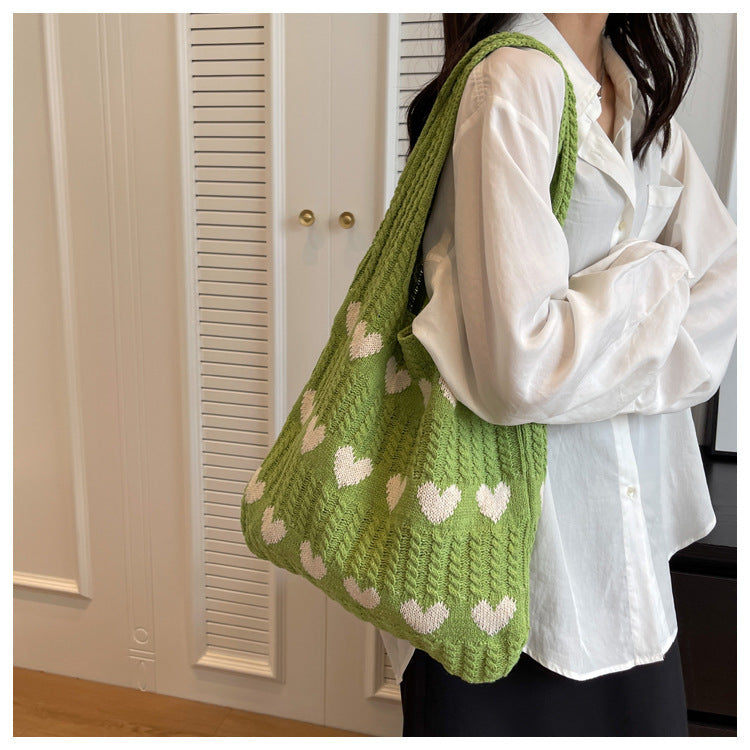 Knitted Handbags Heart Pattern Blocking Crochet Shoulder Bags Large Capacity Fashion Beach Bag Versatile Commute Woven Bag 2024