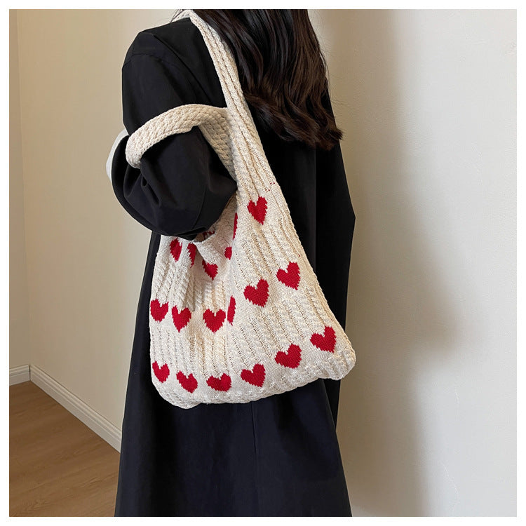 Knitted Handbags Heart Pattern Blocking Crochet Shoulder Bags Large Capacity Fashion Beach Bag Versatile Commute Woven Bag 2024