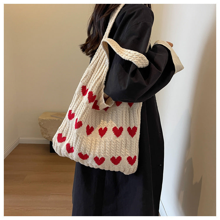 Knitted Handbags Heart Pattern Blocking Crochet Shoulder Bags Large Capacity Fashion Beach Bag Versatile Commute Woven Bag 2024