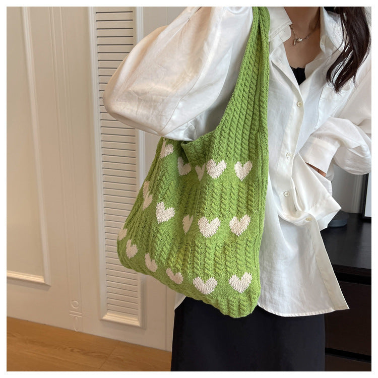 Knitted Handbags Heart Pattern Blocking Crochet Shoulder Bags Large Capacity Fashion Beach Bag Versatile Commute Woven Bag 2024