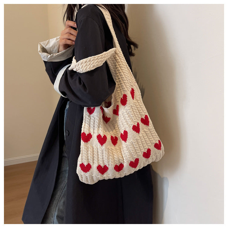 Knitted Handbags Heart Pattern Blocking Crochet Shoulder Bags Large Capacity Fashion Beach Bag Versatile Commute Woven Bag 2024