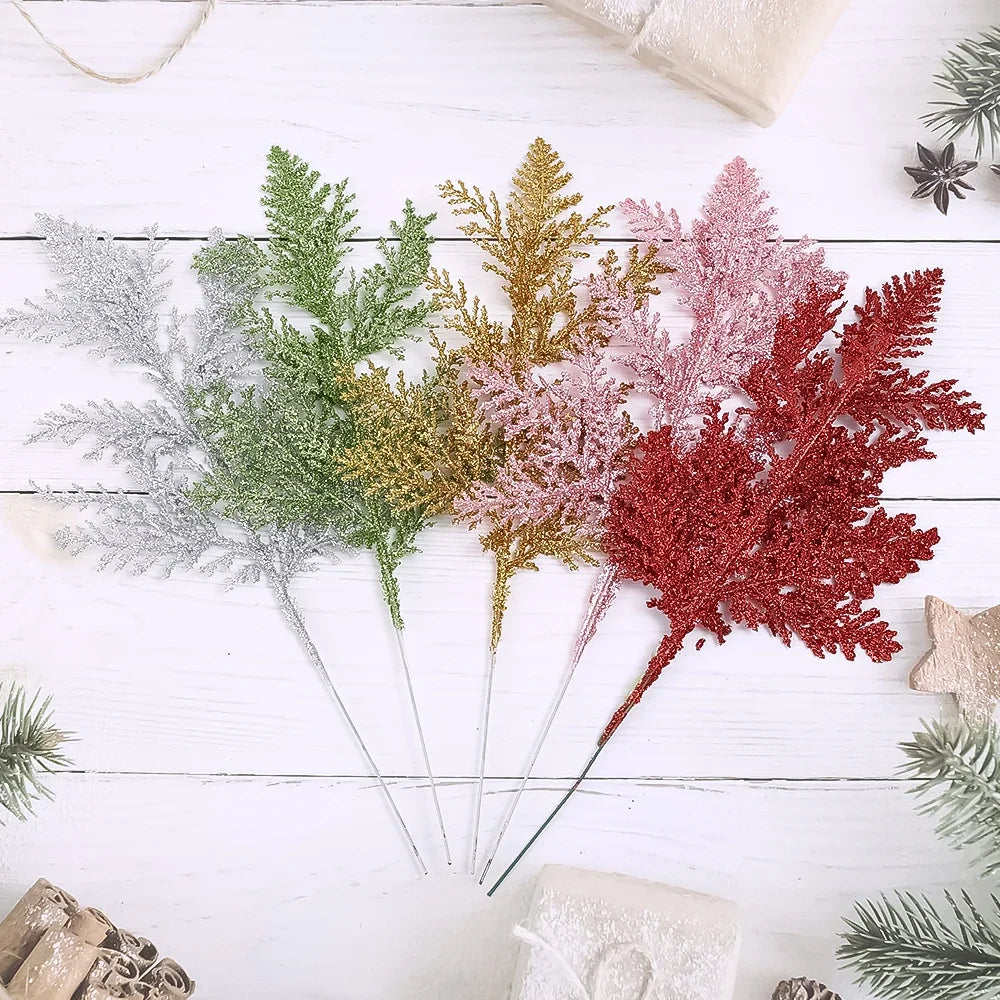 10/5Pcs Artificial Plants Pine Branches Christmas Glitter Gold Leaves Xmas Tree Decoration Pendant Christmas Home Decoration