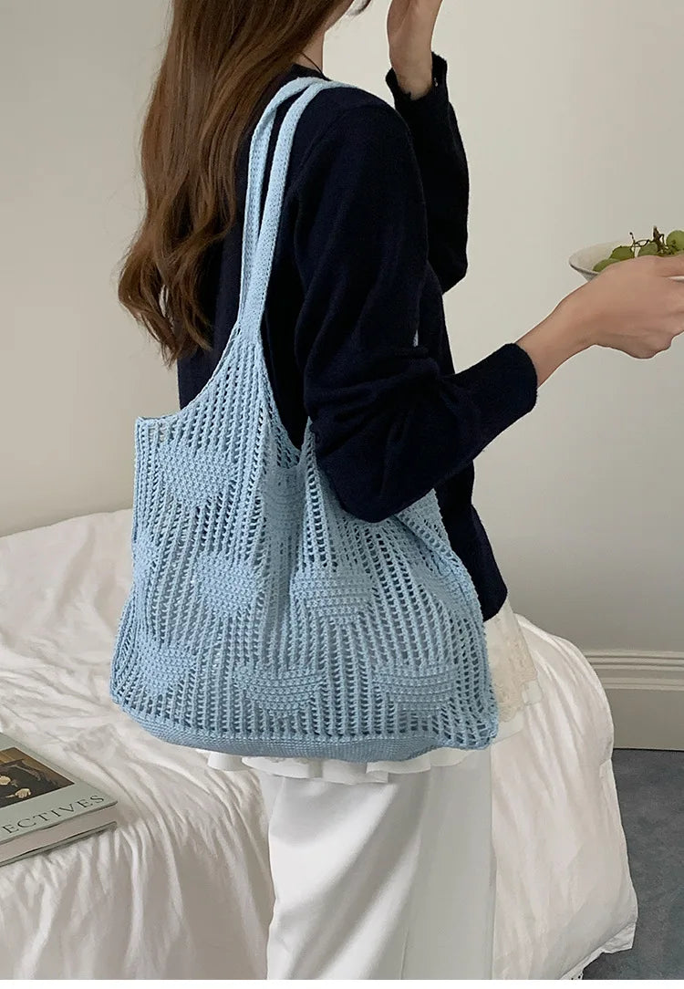 Retro Knitted Mesh Hollow Heart Weaving Ladies Versatile Single Shoulder Bag Woolen Handbag Shopping Bag Polyester Tote Bag