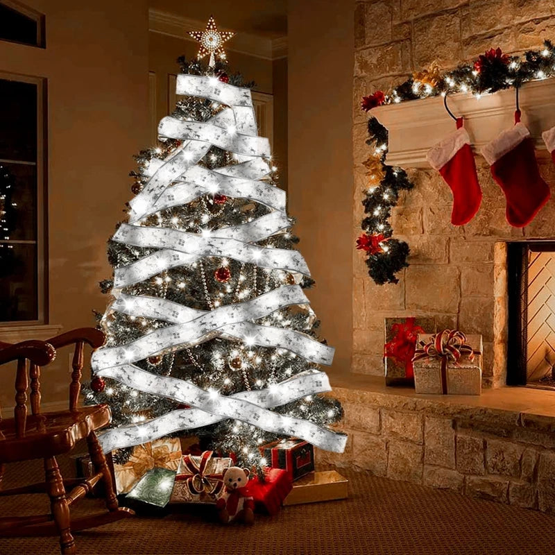 Christmas Ribbon Fairy Light String Merry Christmas Decorations For Home 2024 Xmas Tree Ornament Xmas Navidad Gift New Year 2025