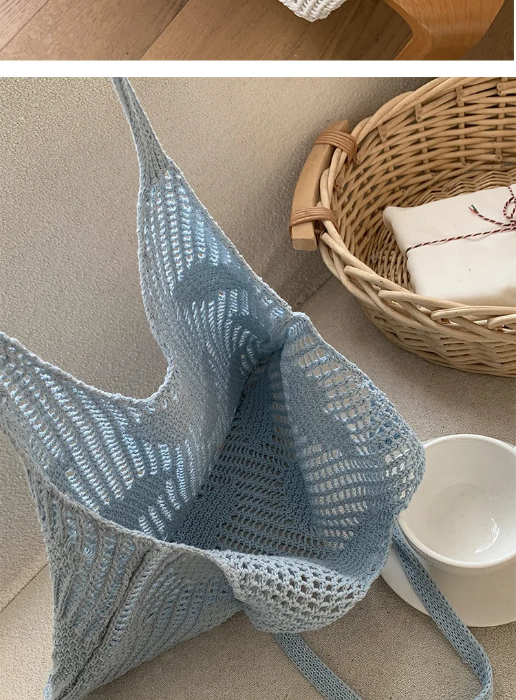 Retro Knitted Mesh Hollow Heart Weaving Ladies Versatile Single Shoulder Bag Woolen Handbag Shopping Bag Polyester Tote Bag