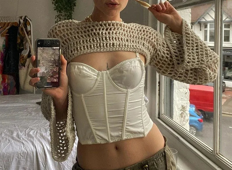 Summer Crochet Knit Hollow Out Crop Top Women Y2k Sexy Blouse Shirts Long Flared Sleeve Sweater Cover Ups Streetwear Pullovers