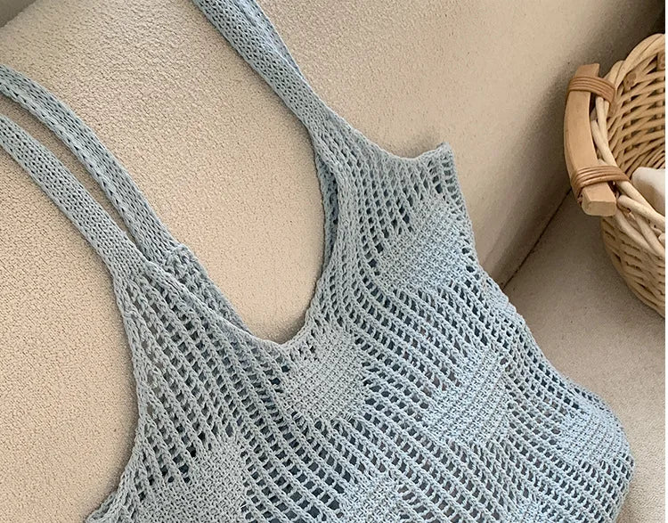 Retro Knitted Mesh Hollow Heart Weaving Ladies Versatile Single Shoulder Bag Woolen Handbag Shopping Bag Polyester Tote Bag