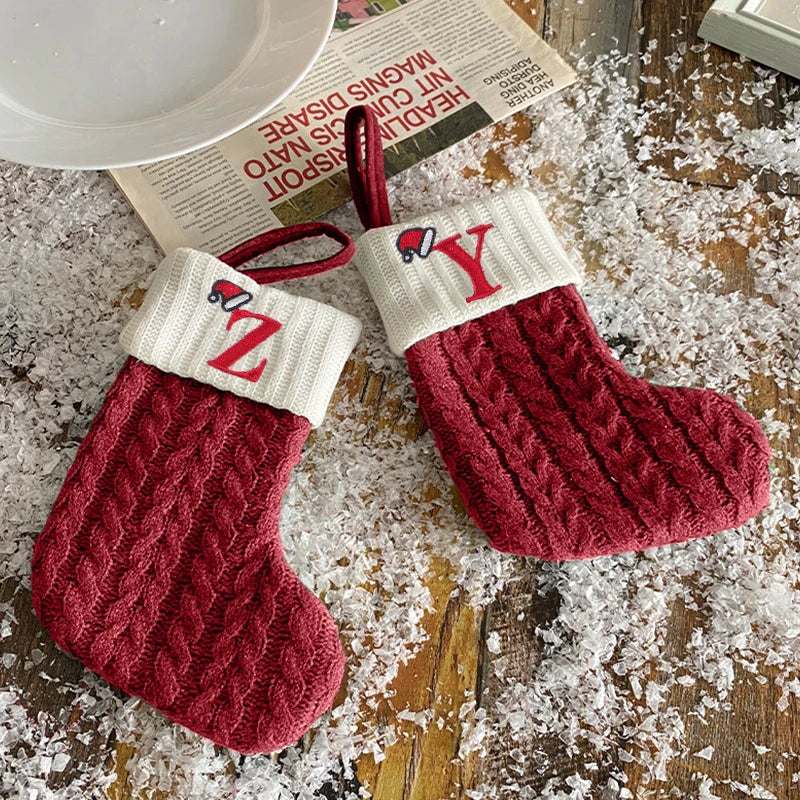 Christmas Stockings Knitting English Letters Christmas Socks Shaped Gifts Ornament New Year Santa Claus Gift Atmosphere Decor