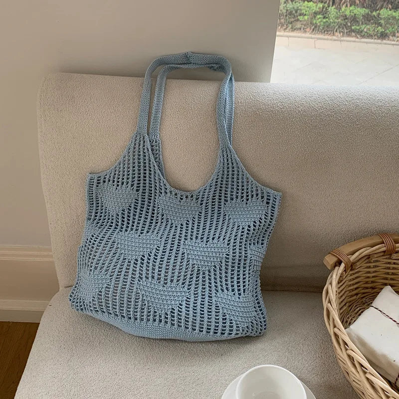 Retro Knitted Mesh Hollow Heart Weaving Ladies Versatile Single Shoulder Bag Woolen Handbag Shopping Bag Polyester Tote Bag
