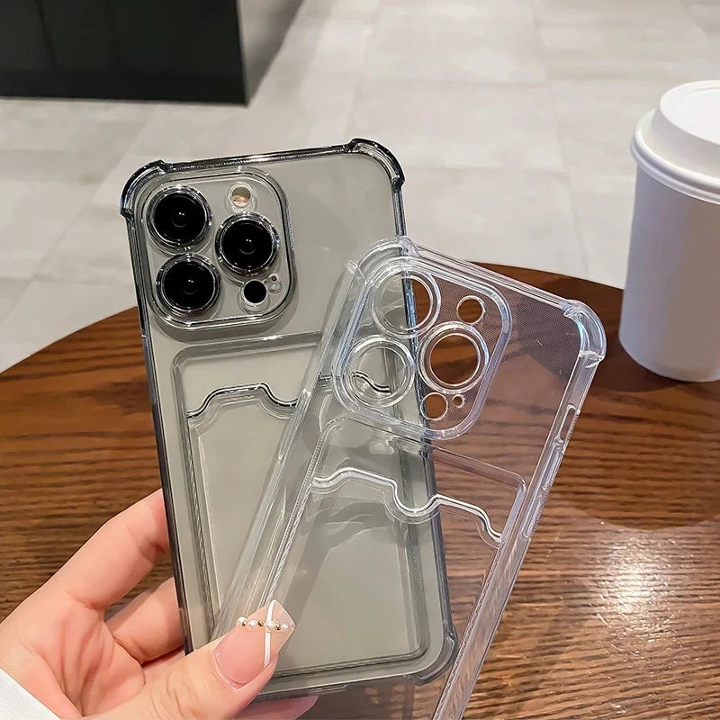 Transparent Card Slot Bag Holder Phone Case For iPhone 15 14 13 12 11 Pro Max X XS Clear Wallet Silicone Shockproof Back Cover
