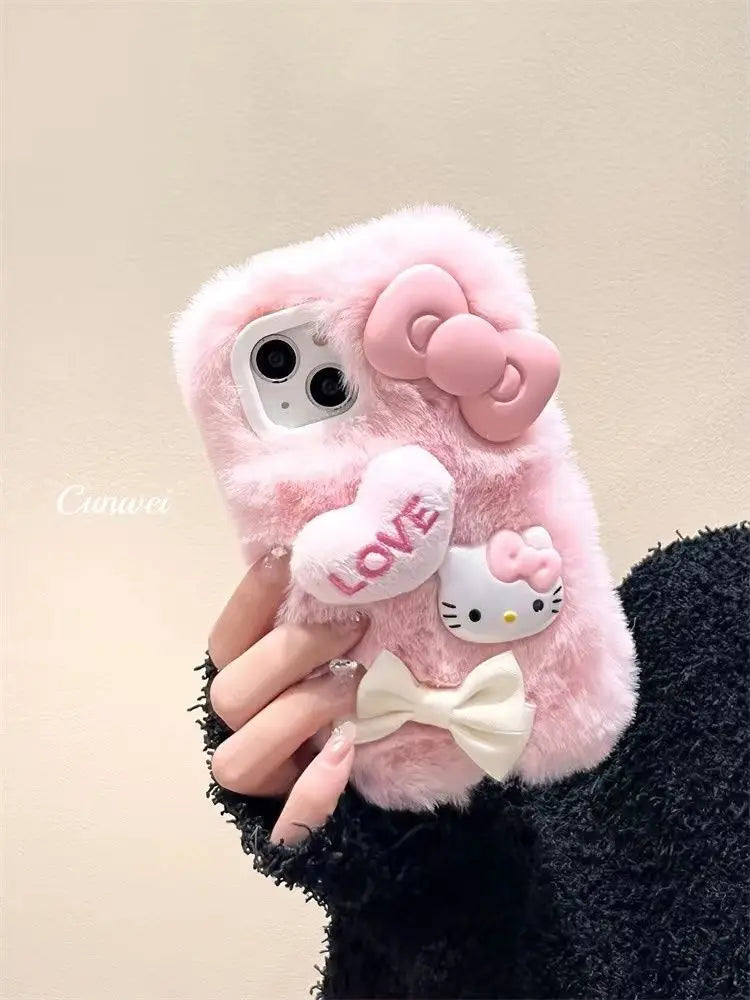 Sanrio Cute Love 3D Bow Hello Kitty Plush Phone Case For iPhone 15 14 13 12 11 Pro Max Mini XR XS MAX 8 X XS 7 SE Plus Cover