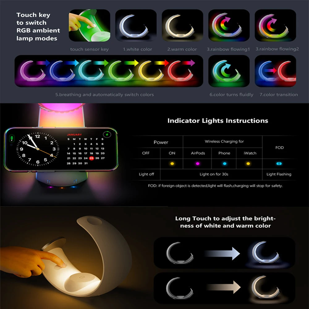MagSafe Wireless Charger Air Pods Apple Watch Moon Phone Holder Night Light RGB Bedroom Office Home For iPhone Samsung iWatch