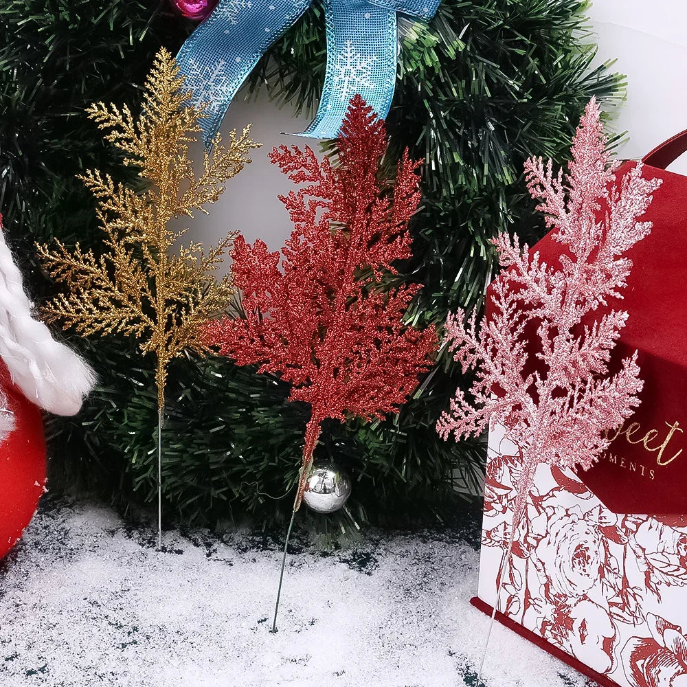 10/5Pcs Artificial Plants Pine Branches Christmas Glitter Gold Leaves Xmas Tree Decoration Pendant Christmas Home Decoration