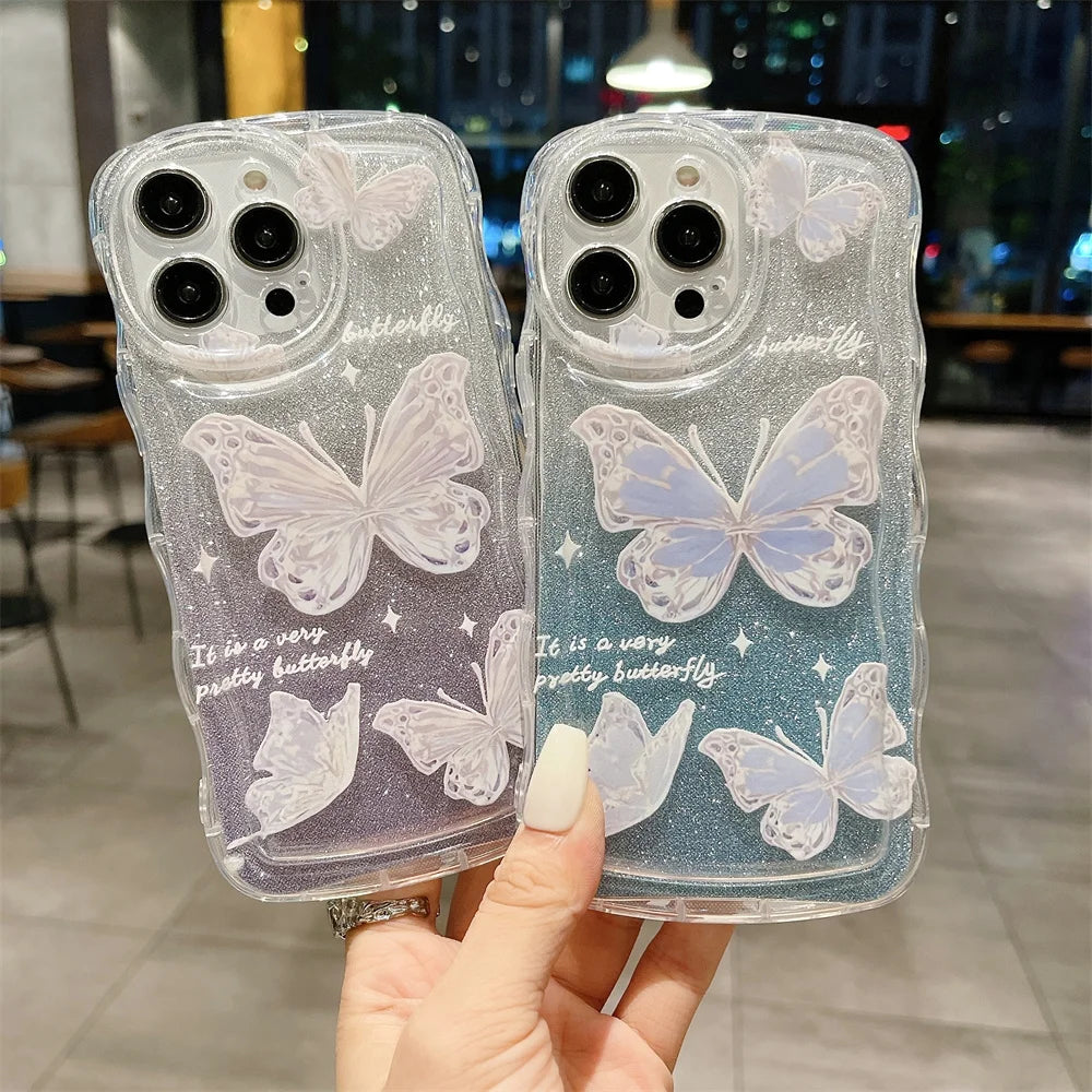 Glitter Butterfly Gradient Lanyard Case For iPhone 14 13 15 16 Pro Max 12 11 X Xr Xs 8 7 Plus Hand Wrist Chain Soft Wave Cover
