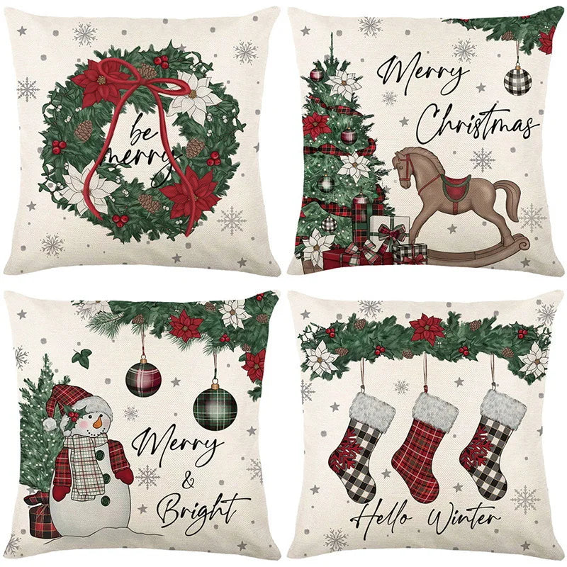 2024 Linen Christmas Cushion Cover Santa Claus Snowman Elk Merry Christmas Decor for Home Sofa Pillow Cover Xmas Ornaments Noel