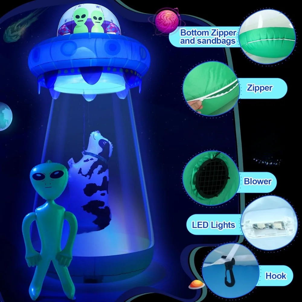 9 FT Halloween UFO Cow Alien Inflatable Yard Decor with LED Blow Up Inflatable Alien and Cow for Halloween Outdoor Yard Garden