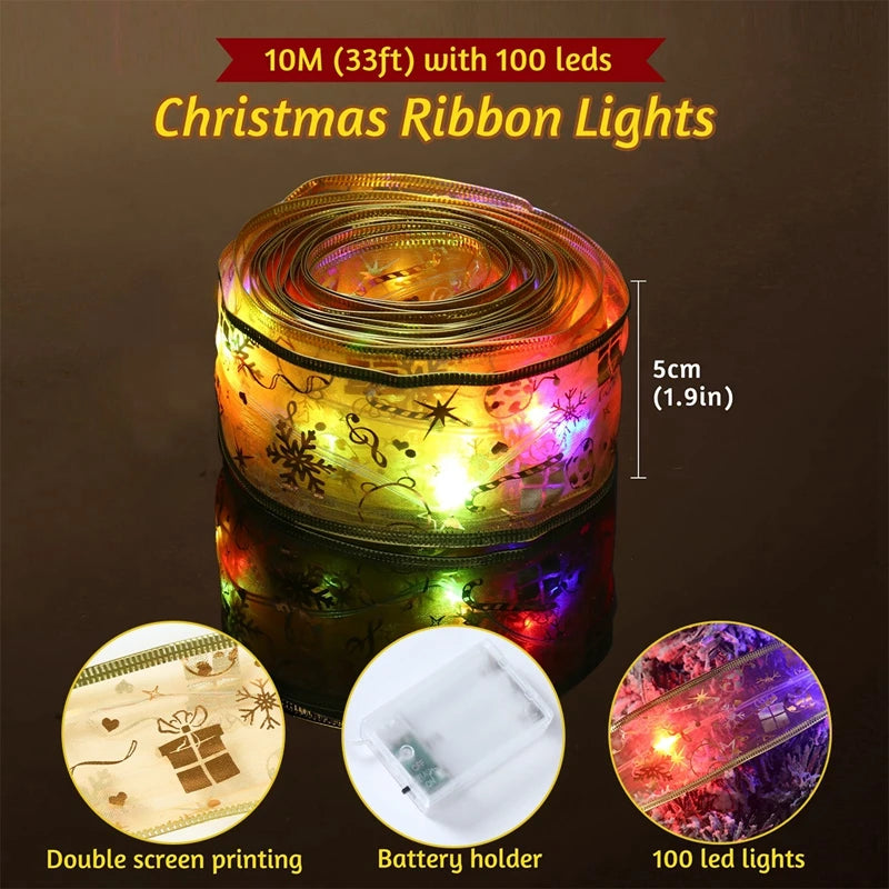Christmas Ribbon Fairy Light String Merry Christmas Decorations For Home 2024 Xmas Tree Ornament Xmas Navidad Gift New Year 2025