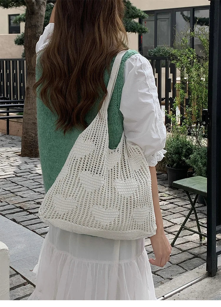 Retro Knitted Mesh Hollow Heart Weaving Ladies Versatile Single Shoulder Bag Woolen Handbag Shopping Bag Polyester Tote Bag