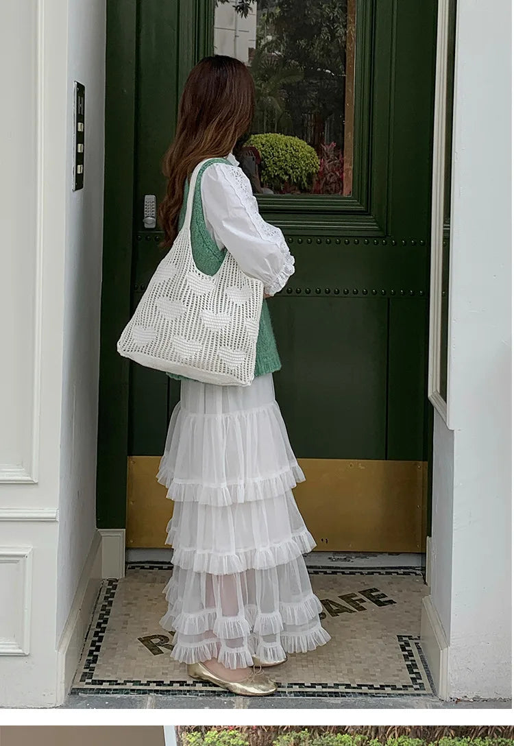 Retro Knitted Mesh Hollow Heart Weaving Ladies Versatile Single Shoulder Bag Woolen Handbag Shopping Bag Polyester Tote Bag