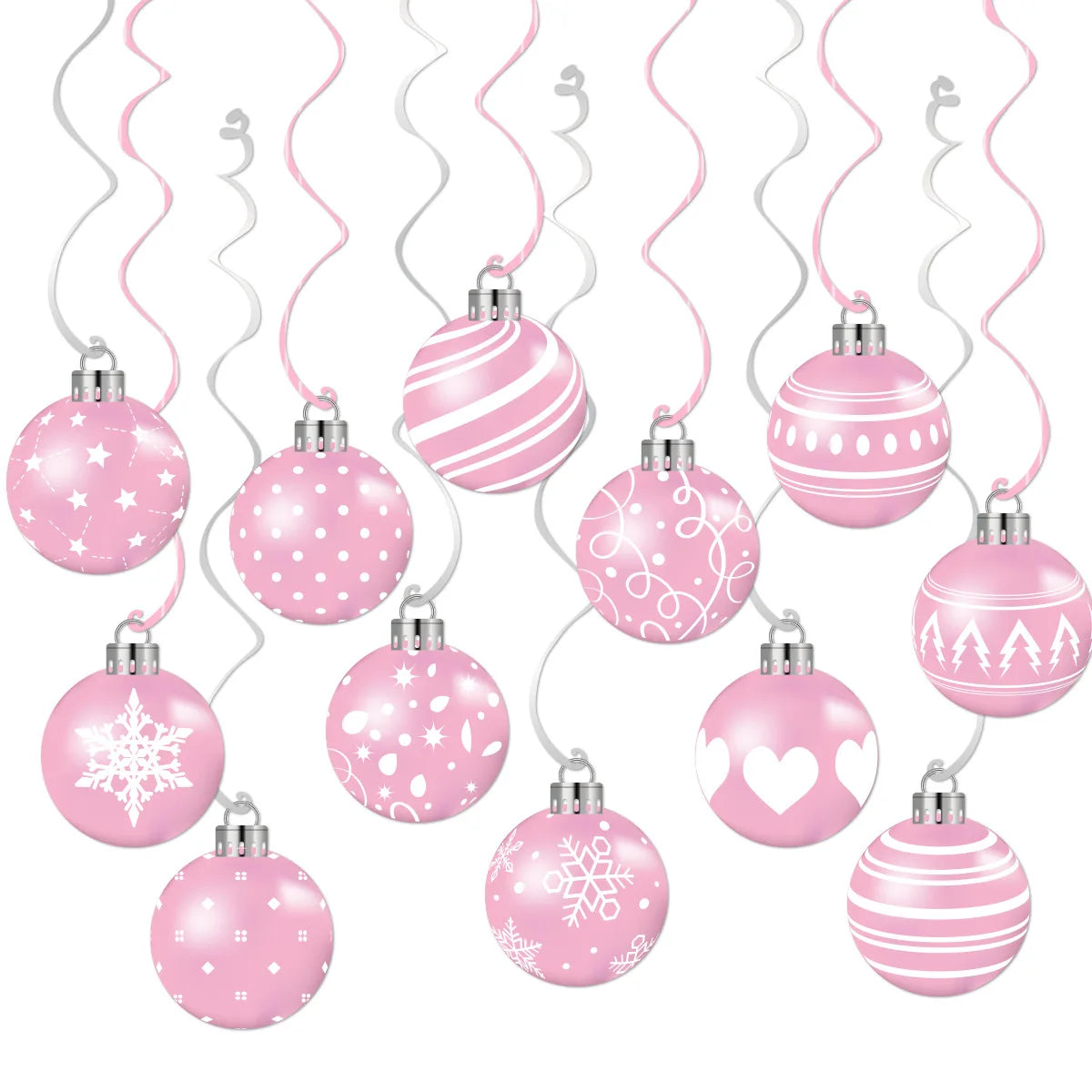 12pcs Pink Christmas Balls Hanging Swirls Decoration Xmas Party Decor Ornaments Holiday Supplies Christmas Tree Hanging Pendant