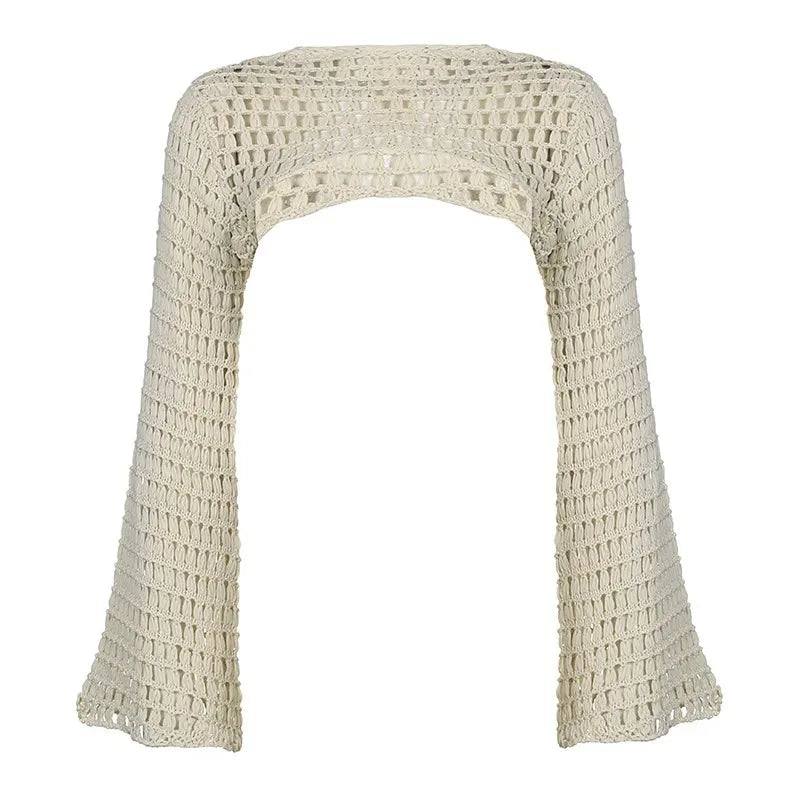 Summer Crochet Knit Hollow Out Crop Top Women Y2k Sexy Blouse Shirts Long Flared Sleeve Sweater Cover Ups Streetwear Pullovers