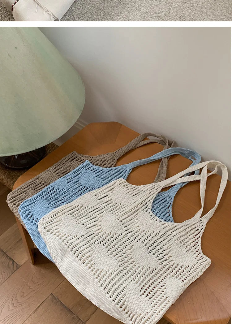 Retro Knitted Mesh Hollow Heart Weaving Ladies Versatile Single Shoulder Bag Woolen Handbag Shopping Bag Polyester Tote Bag