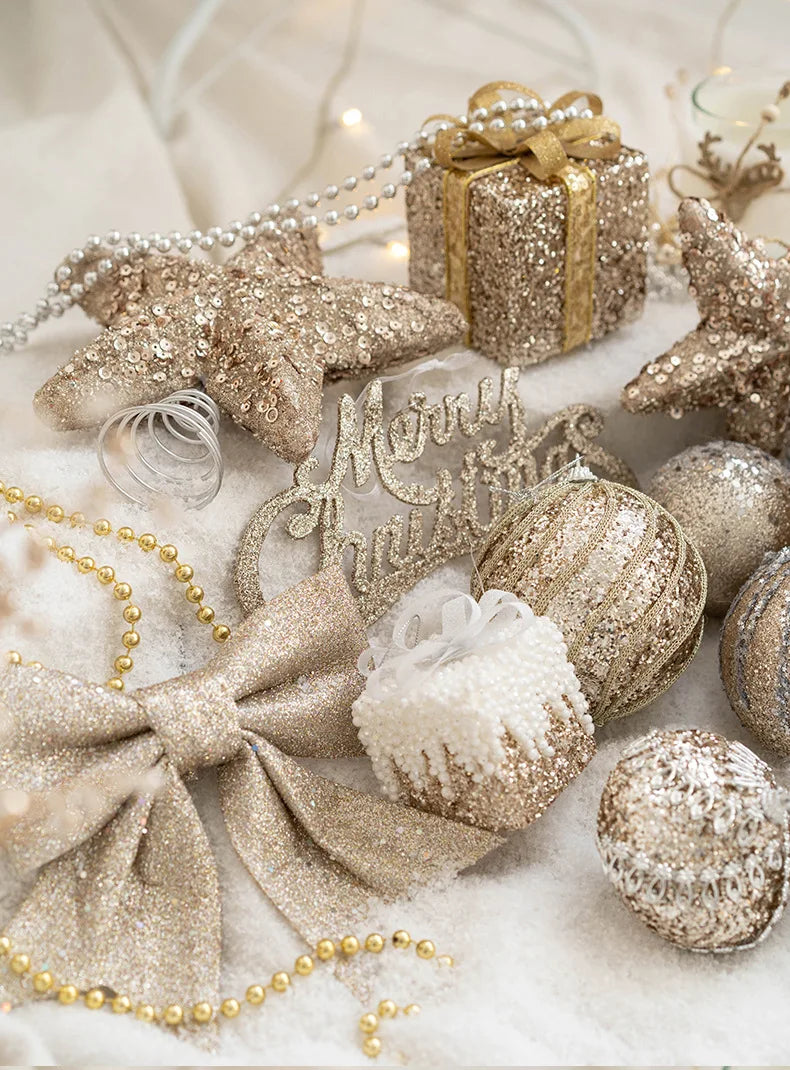 Christmas Ball Painted Ball Golden Silvery Champagne Glitter Stars Christmas Tree Hanging Window Decoration Small Gifts Toys