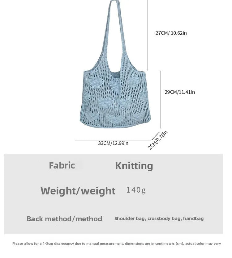 Retro Knitted Mesh Hollow Heart Weaving Ladies Versatile Single Shoulder Bag Woolen Handbag Shopping Bag Polyester Tote Bag