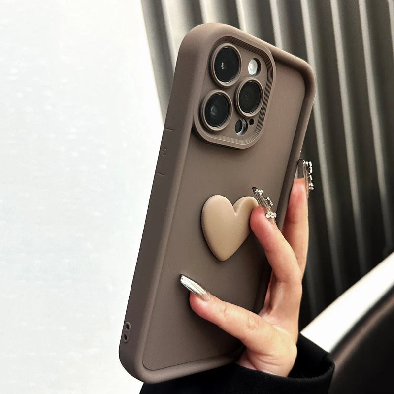 Cute INS Phone Case For iPhone 15 11 12 13 14 Pro Max XS XR 3D Love Heart Silicone Shockproof Candy Cover Brown Soft TPU Cases