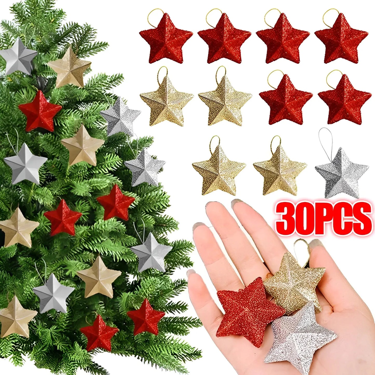 6/30PCS Christmas Glitter Star Pendant Xmas Tree Hanging Ornament Craft 5cm Plastic for Birthday Party Home Decoration Supplies