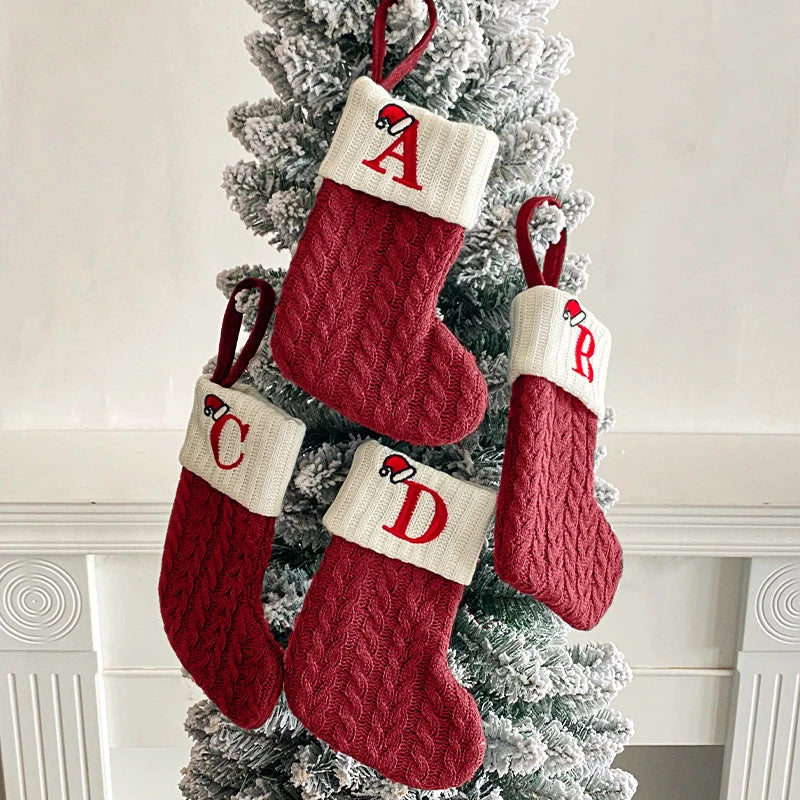 Christmas Stockings Knitting English Letters Christmas Socks Shaped Gifts Ornament New Year Santa Claus Gift Atmosphere Decor