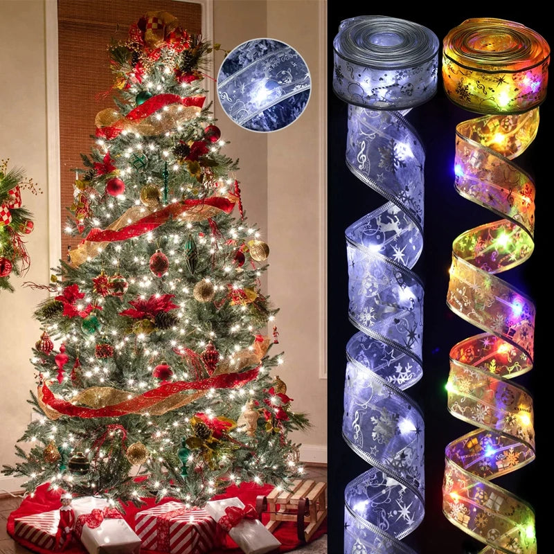 Christmas Ribbon Fairy Light String Merry Christmas Decorations For Home 2024 Xmas Tree Ornament Xmas Navidad Gift New Year 2025