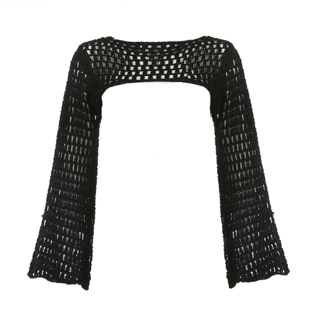 Summer Crochet Knit Hollow Out Crop Top Women Y2k Sexy Blouse Shirts Long Flared Sleeve Sweater Cover Ups Streetwear Pullovers