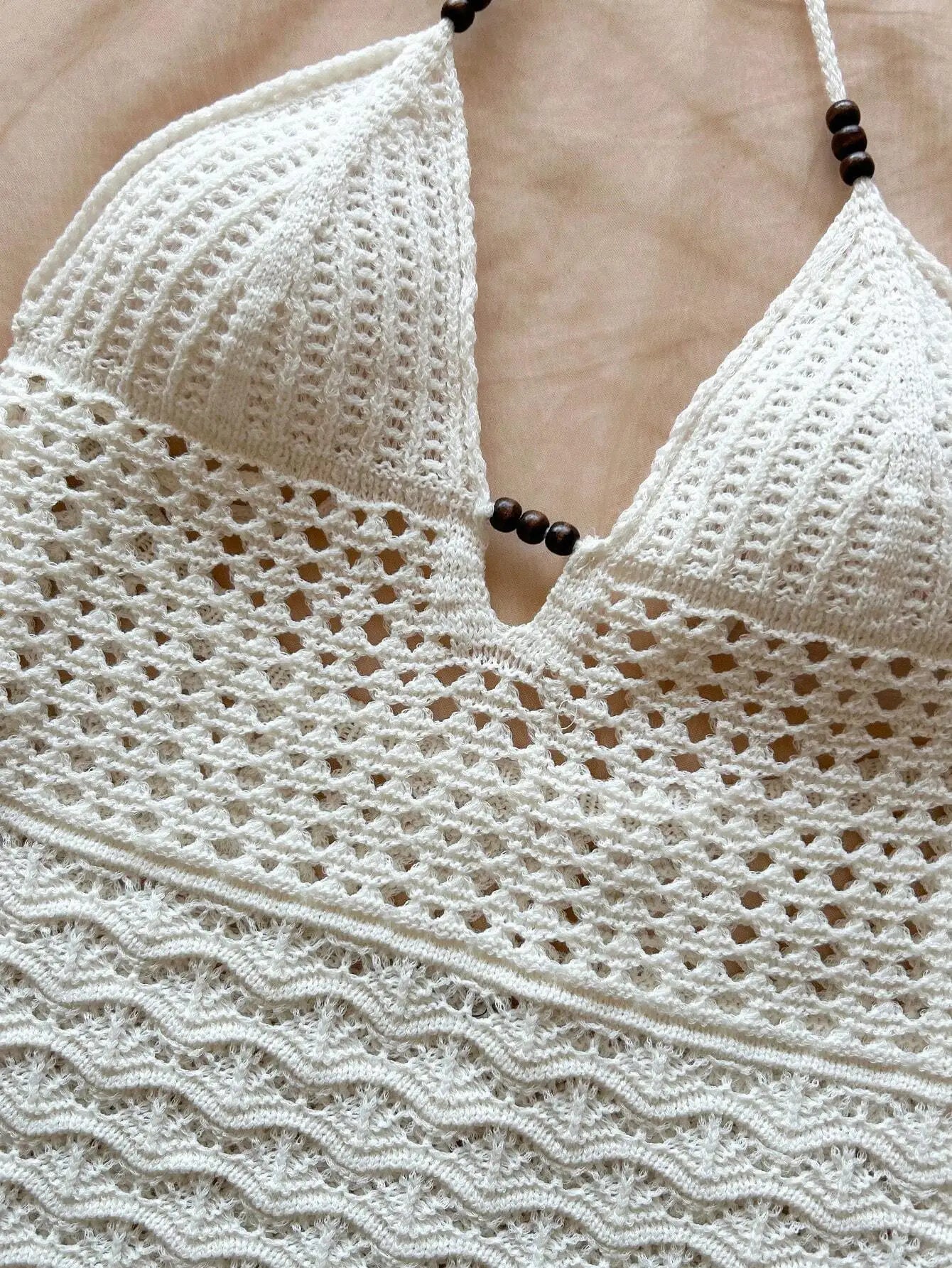 Women's V-Neck Strapless Dress, Hollow Out, Wooden Bead, Slim Fit, Gradient Color, Knitted, Sexy, Vacation Wear