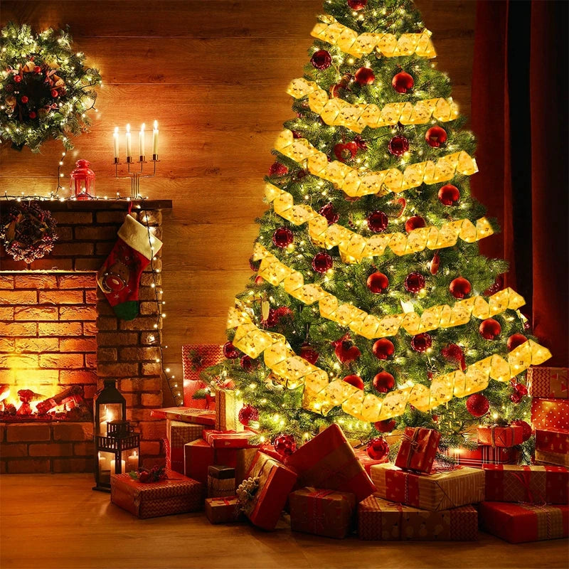 Christmas Ribbon Fairy Light String Merry Christmas Decorations For Home 2024 Xmas Tree Ornament Xmas Navidad Gift New Year 2025