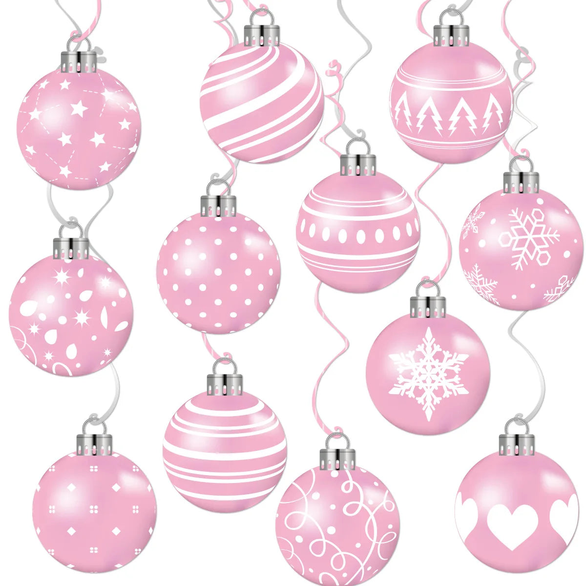 12pcs Pink Christmas Balls Hanging Swirls Decoration Xmas Party Decor Ornaments Holiday Supplies Christmas Tree Hanging Pendant
