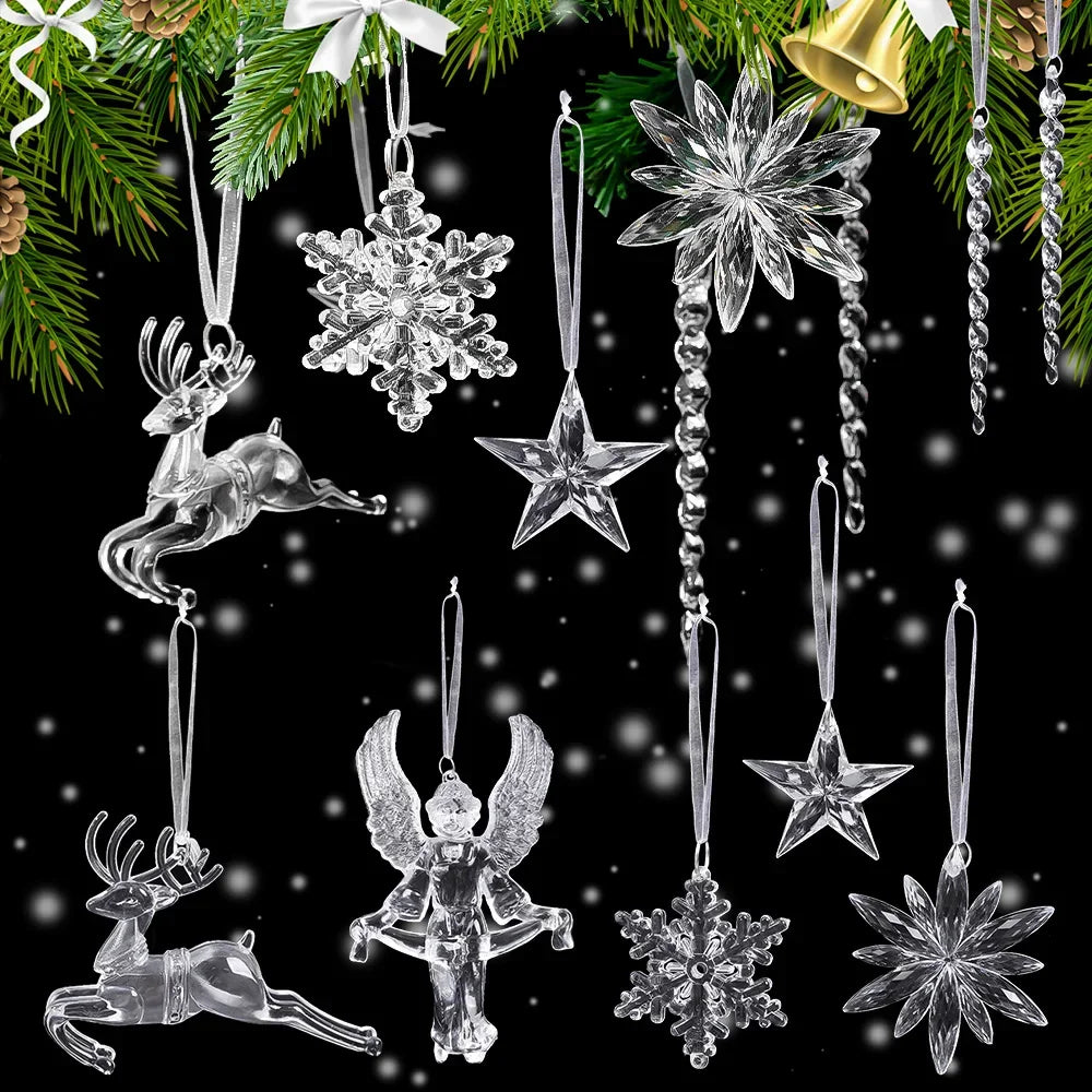 6/2pcs Crystal Clear Snowflake Christmas Tree Pendants Icicle Decorations For Holiday Winter Party Transparent Hanging Ornament