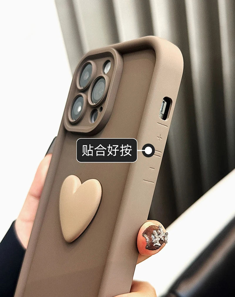 Cute INS Phone Case For iPhone 15 11 12 13 14 Pro Max XS XR 3D Love Heart Silicone Shockproof Candy Cover Brown Soft TPU Cases