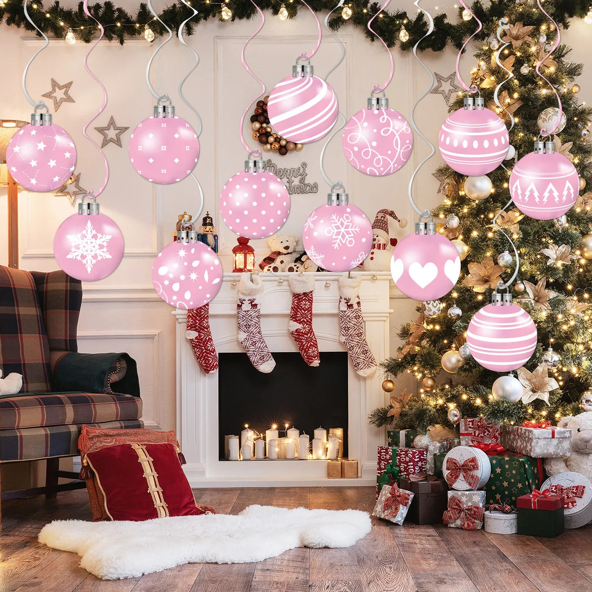12pcs Pink Christmas Balls Hanging Swirls Decoration Xmas Party Decor Ornaments Holiday Supplies Christmas Tree Hanging Pendant