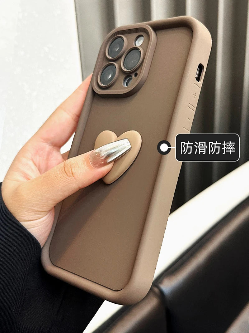 Cute INS Phone Case For iPhone 15 11 12 13 14 Pro Max XS XR 3D Love Heart Silicone Shockproof Candy Cover Brown Soft TPU Cases