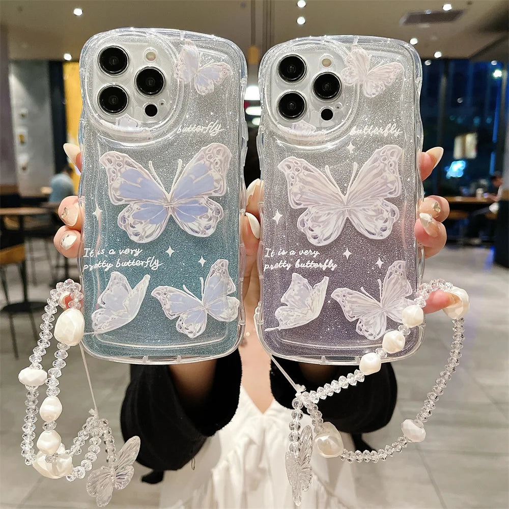 Glitter Butterfly Gradient Lanyard Case For iPhone 14 13 15 16 Pro Max 12 11 X Xr Xs 8 7 Plus Hand Wrist Chain Soft Wave Cover
