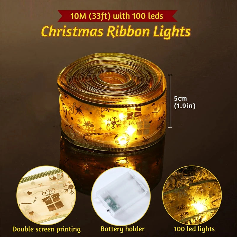 Christmas Ribbon Fairy Light String Merry Christmas Decorations For Home 2024 Xmas Tree Ornament Xmas Navidad Gift New Year 2025