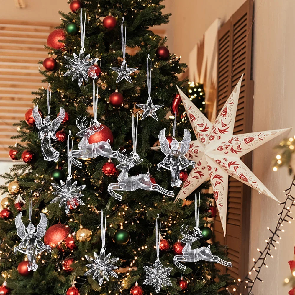 6/2pcs Crystal Clear Snowflake Christmas Tree Pendants Icicle Decorations For Holiday Winter Party Transparent Hanging Ornament