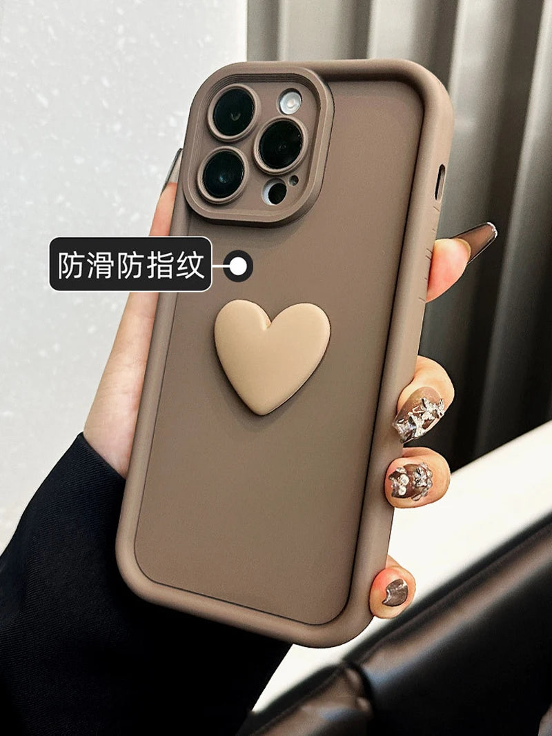 Cute INS Phone Case For iPhone 15 11 12 13 14 Pro Max XS XR 3D Love Heart Silicone Shockproof Candy Cover Brown Soft TPU Cases